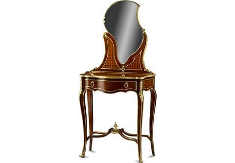A Resplendent French last quarter 19th Century Louis XV style gilt ormolu mounted and trellis parquetry inlaid Dressing Table Coiffeuse after the model by François Linke
